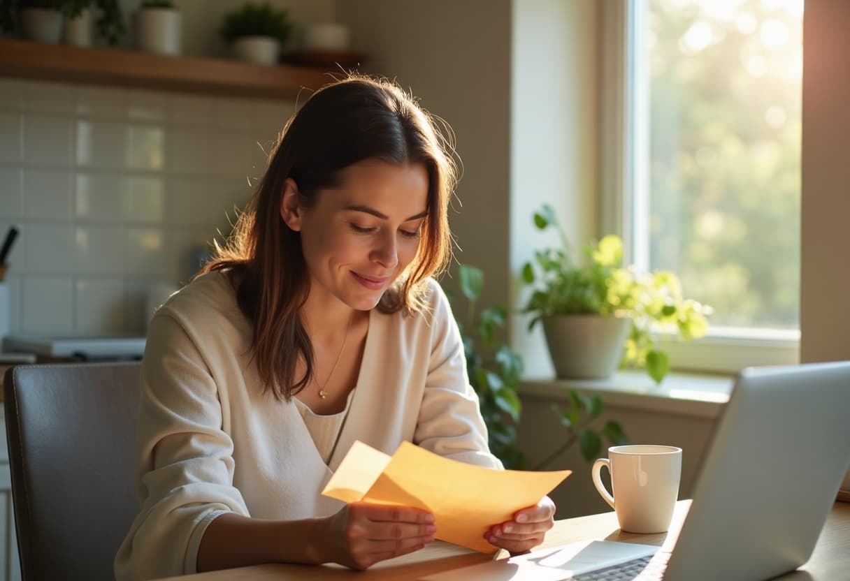 A woman opening a settlement check at her kitchen table